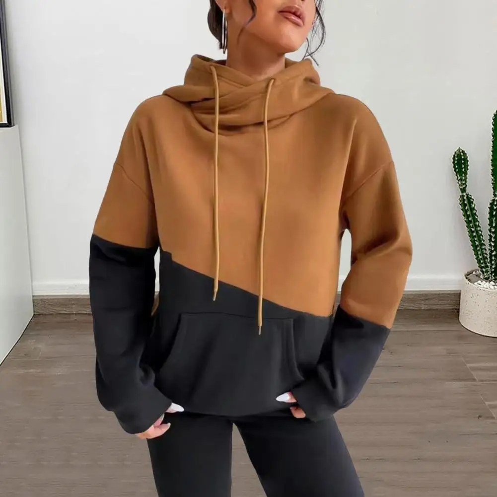 

Lady Fall Winter Hoodie Colorblock Drawstring Hooded Long Sleeves Elastic Cuffs And Hem With Big Pocket Thick Sport Fitness Top