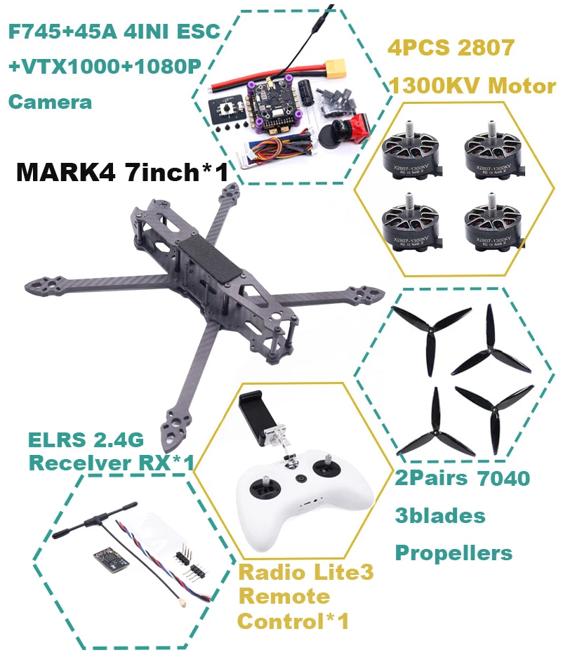 Rctosky MARK4 V2 7inch F745 V2 Flight Control 45/60A 4INI ESC Rack Drone FPV Carbon Fiber PV Racing Drone Quadcopter Freestyle