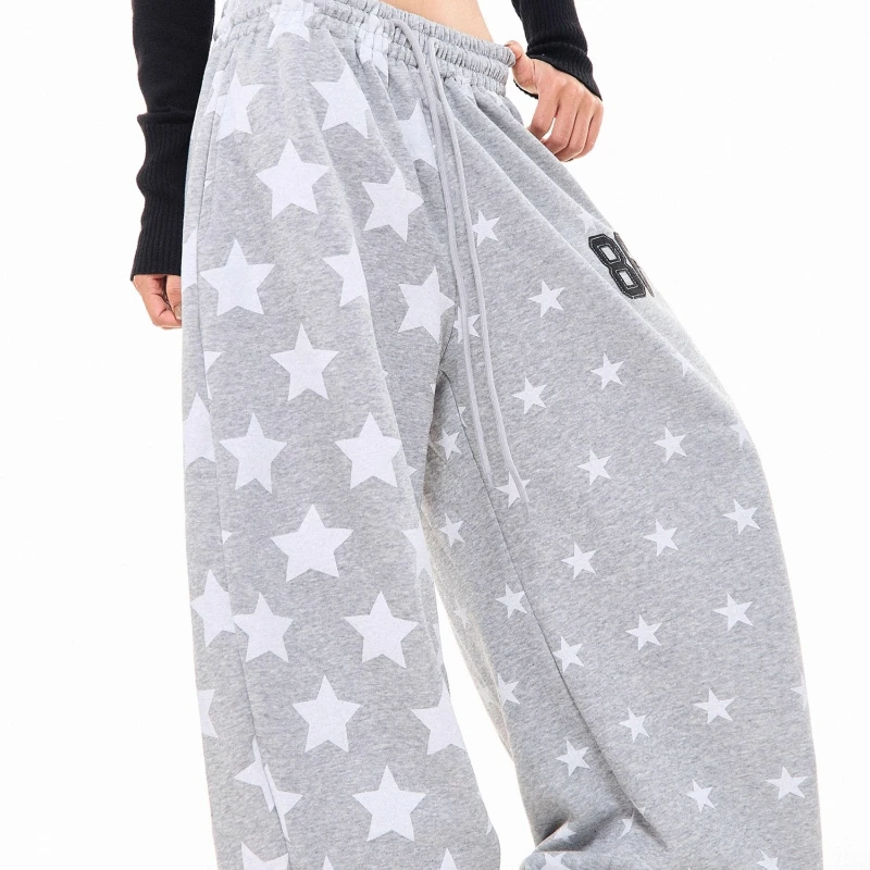 الأمريكية الرجعية ستار طباعة رمادي المرأة Sweatpants 2025 الخريف جديد فضفاض الحلو كول واسعة الساق الرياضة عادية الطابق بنطلون السيدات #3