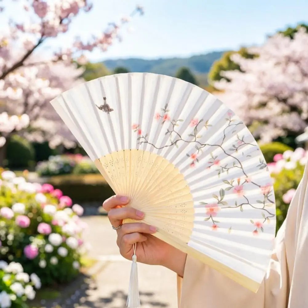 Summer Flower Bird Print Folding Fan Chinese Style Retro Tassel Bamboo Hand Held Fan Dancing Perform Decoration Craft Faux Fans