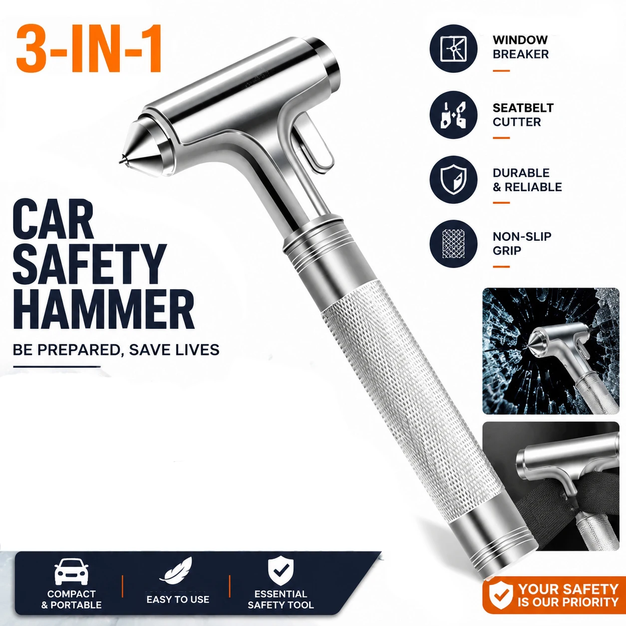 

All Metal Car Emergency Escape Tool Hardened Steel Window Breaker Seatbelt Cutter Portable Anti-Slip Car Safety Hammer