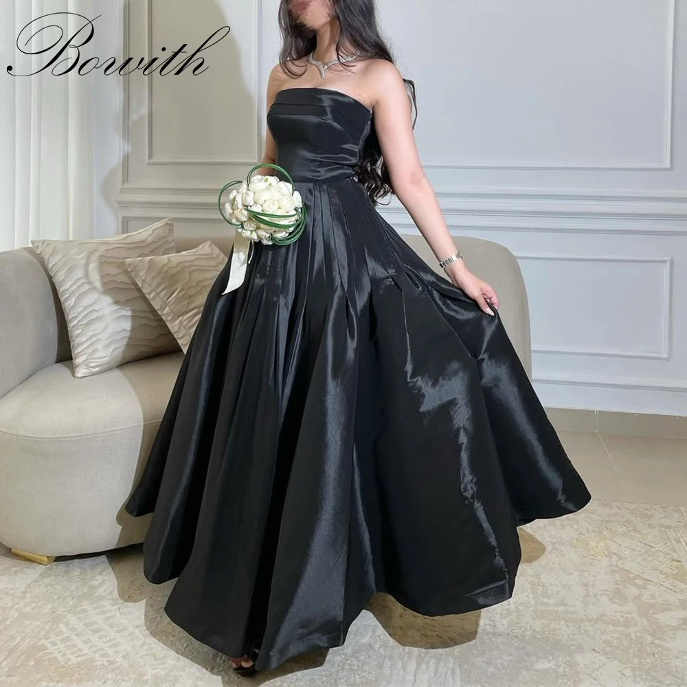 

Bowith Simple Black Evening Dresses Taffeta Strapless Prom Gown Customized A-line Prom Party Dresses robes de soirée