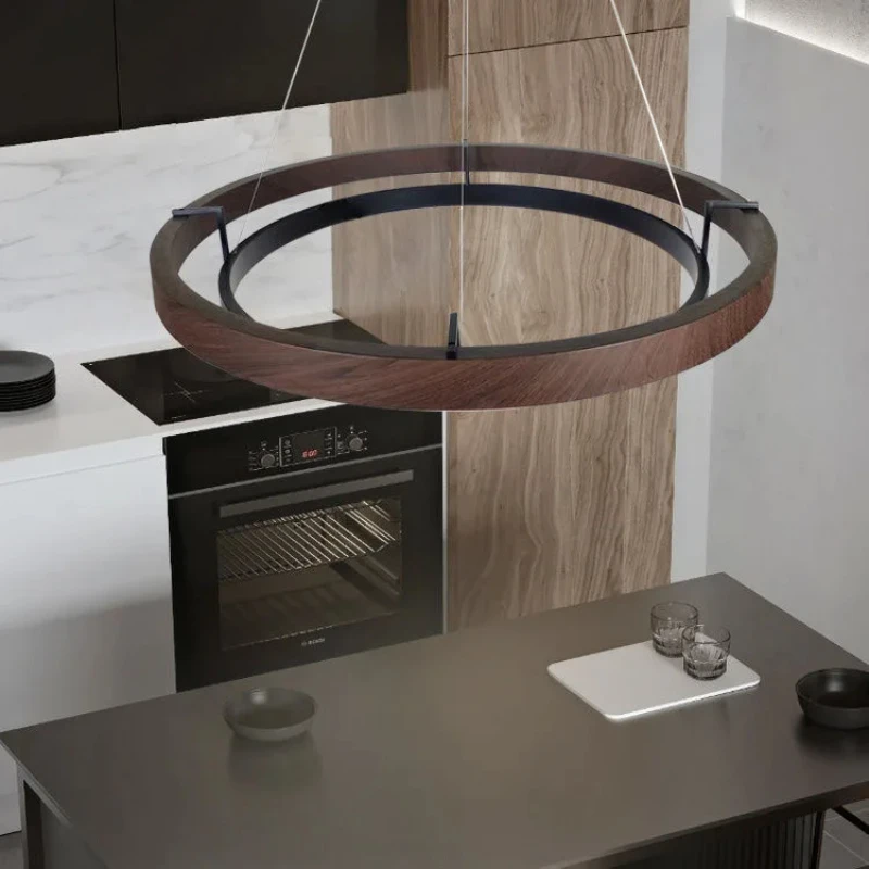 

Minimalist retro style Walnut wood chandelier Height adjustable lustre Ceiling for living room With remote control