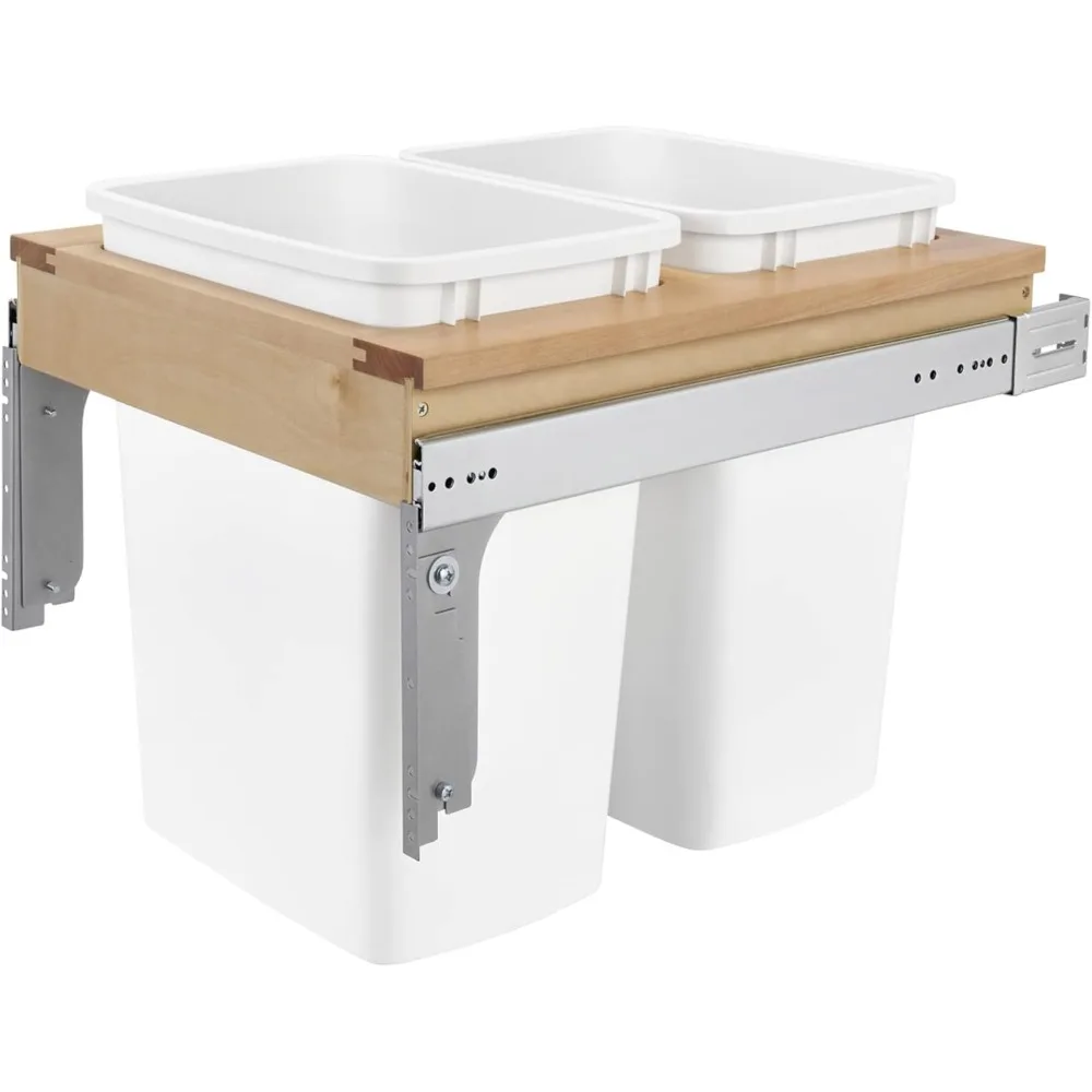 

Double Pull-Out Trash Can for Base Kitchen/Bathroom Cabinets, 35 Qt Wood Top Mount Garbage Bin, 18" x 1.5" Face-Frame White