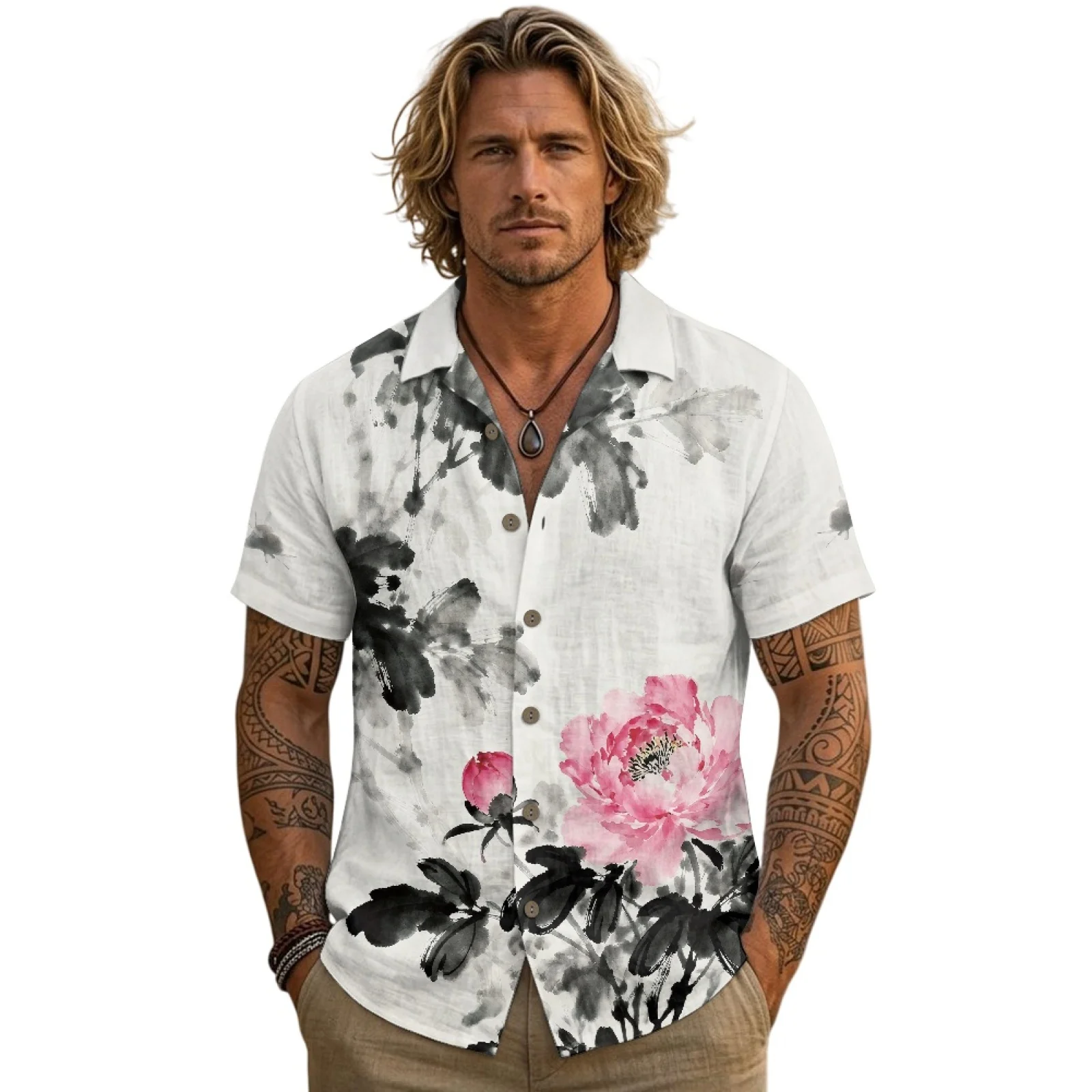 PENSTROLL Ink Peony Blossom With Pocket Hawaiian Shirt for Men Linen Style Male Tops Button Down Shirt