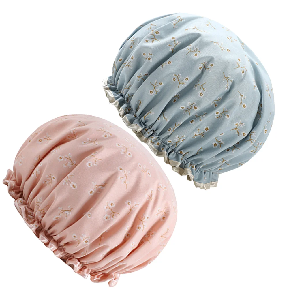 2pcs Double-layer Printed Shower Waterproof Bath Caps Eva Bathing Hat Beauty Caps For Woman ( + Blue Flower)