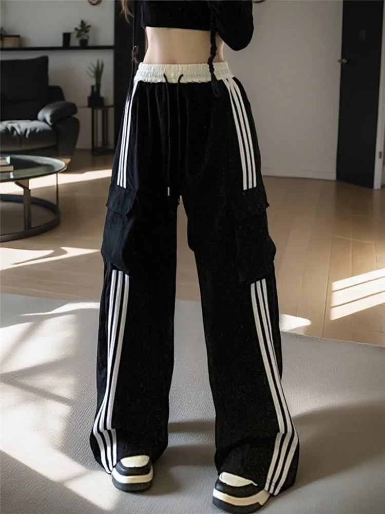 American Sle Striped Loose Casual Sports Pants Women's Autumn New Straight Leg Wide Leg Bla Pants Workwear Trousers