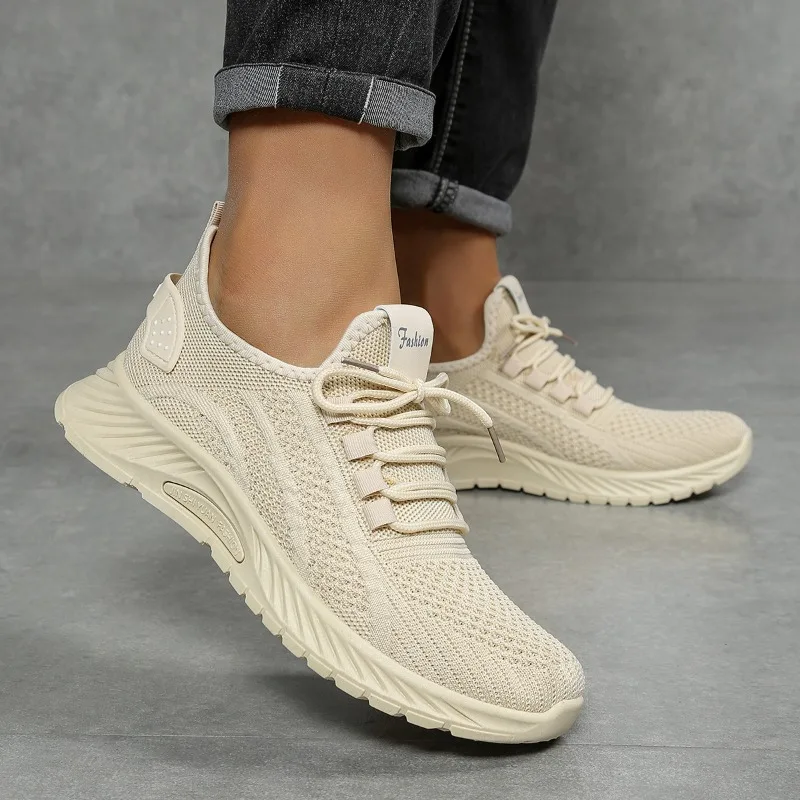 Zapatos de Mujer 2026, Verano, Nueva Moda, Zapatos Deportivos Casuales, Transpirables, con Cordones, Color Beige, Tallas Grandes 42 43