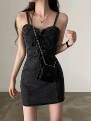 Sexy Black Vestidos De Mujer Summer Dress Y2k Vintage Lace Up Suspender Denim Dresses for Women 2024 Robe Femme Korean Mini