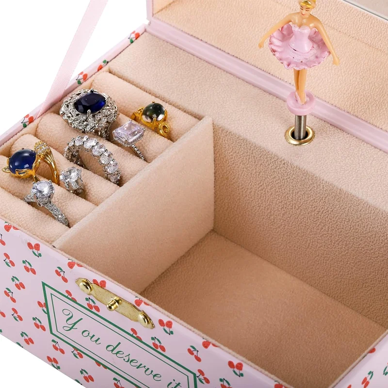 Musical Jewelry Box, Pink Music Box with Mirror, Spinning Girl, Cute Jewelry Storage Organizer for Girls Birthday Cherry Pattern