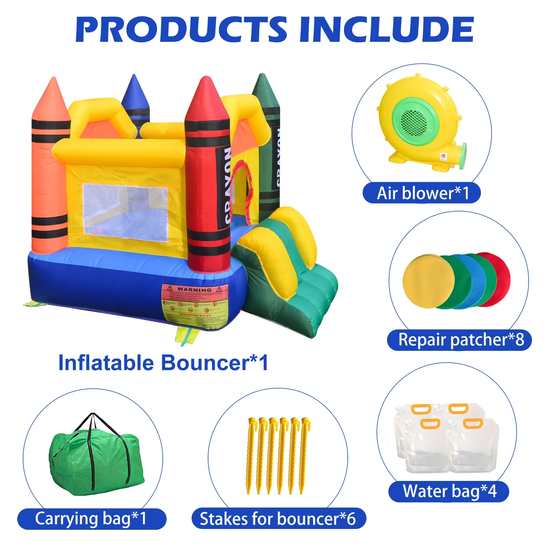 Crayon Bounce House with Slide Inflatable Playground for Kids 3-10 Small Jumping Commercial Grade Blower Backyard Party Gift
