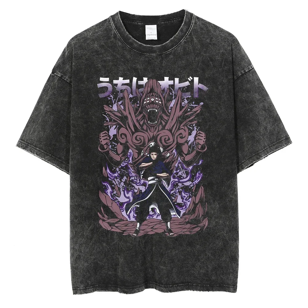 

Fashion Men Washed T-Shirt Japanese Anime Naruto Graphic Tshirt Harajuku Streetwear Cotton 2023 Summer Short Sleeve Tees Tops