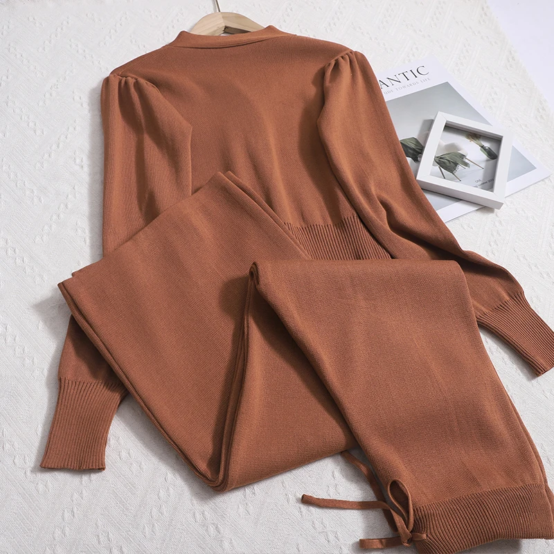 Knitted Casual Pants Suit Autumn New Fashion  V-Neck Buckle Cardigans Tops Drawstring Waist Wide Leg Pants Women Two-piece