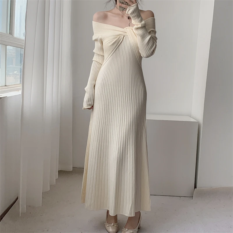 

Autumn Winter Long Sleeve Knitted Evening Dress Women Knitted Dress Elegant Slim Vintage Long Dresses Ladies Clothing 2023