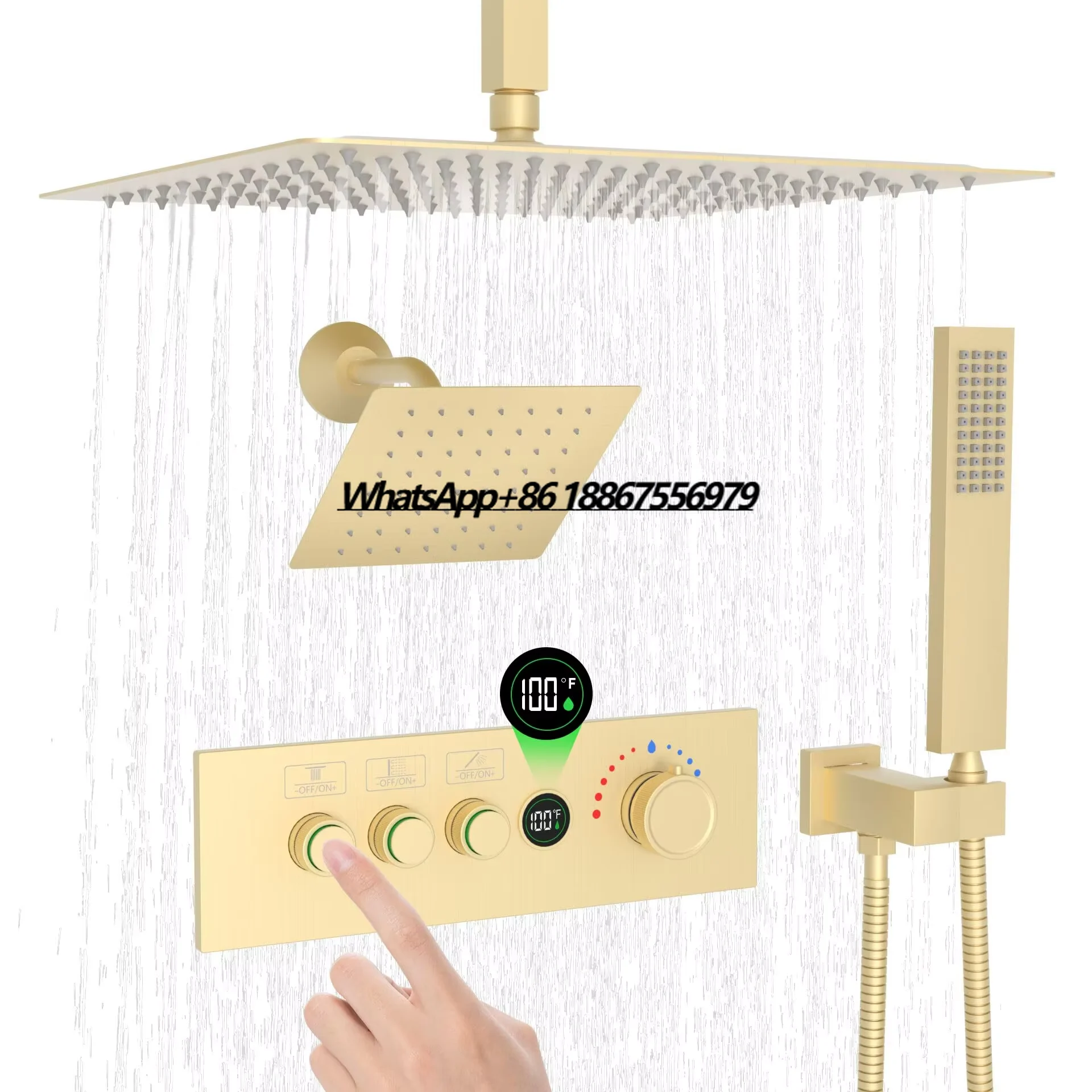 

Потолочная душевая система из матового золота для ванной комнаты, 6 и 16-дюймовая душевая насадка с двойным верхним распылением, смеситель с цифровым дисплеем, клапан, душевой набор