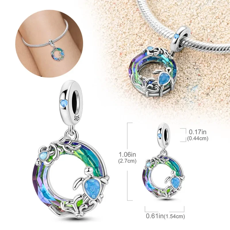 ลูกปัดเงินแท้925สีชมพูสีฟ้า zircon ทะเล Turtle Octopus Charm สำหรับสร้อยข้อมือลูกปัดคริสตัลสำหรับผู้หญิงจี้925ลูกปัดเครื่องประดับ DIY