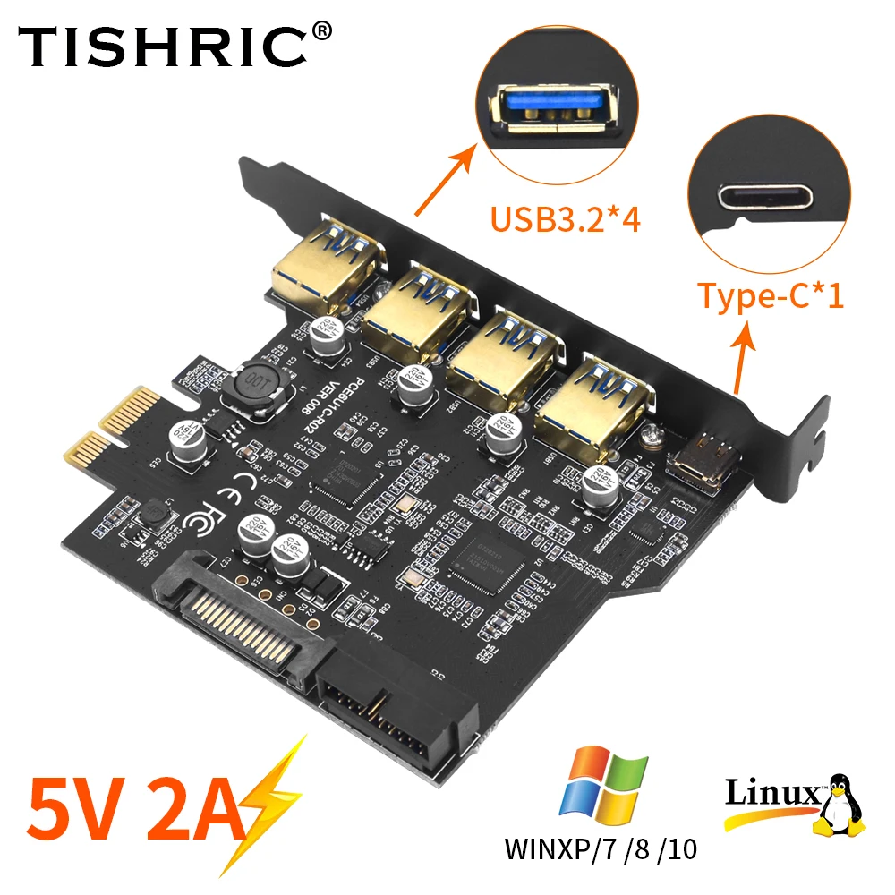 TISHRIC PCIE 1X To 4port USB 3.2 Gen1 Type C 5Gbps PCIE Card Hub USB 3.0 PCI Express Board Adapter Multiplier PCIE Splitter