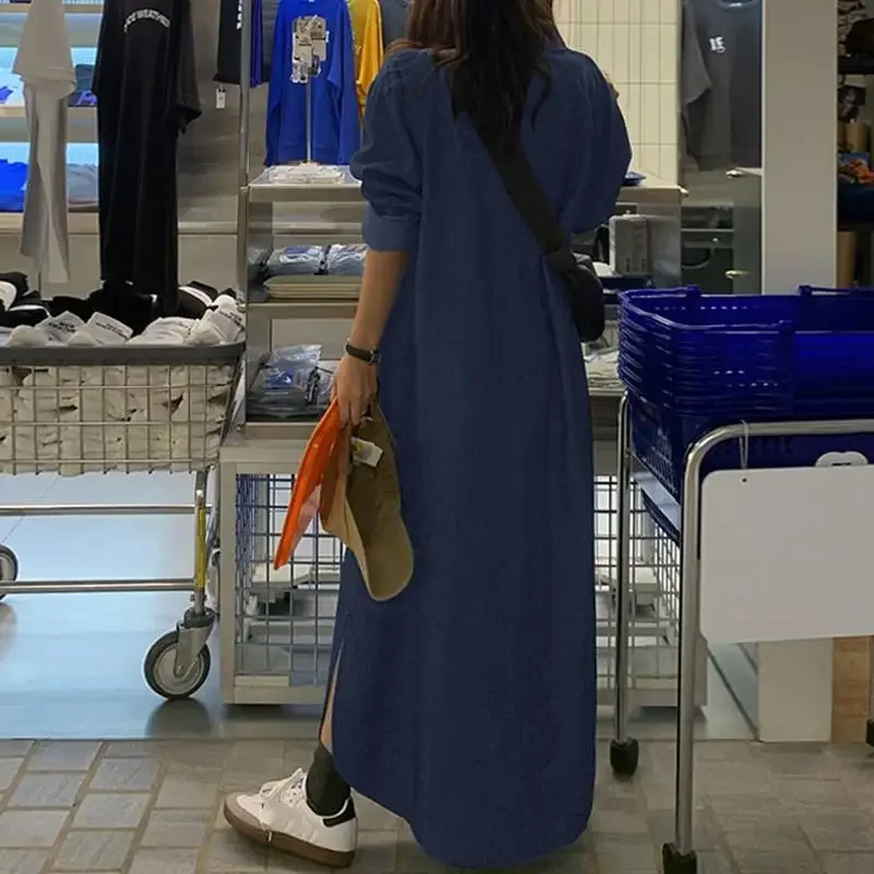 Elegance Denim Dress for Women Casual Long Sleeve Lapel Cardigan Muslim Dress Women Shirtdress Abayas Kaftan Loose Women Clothes