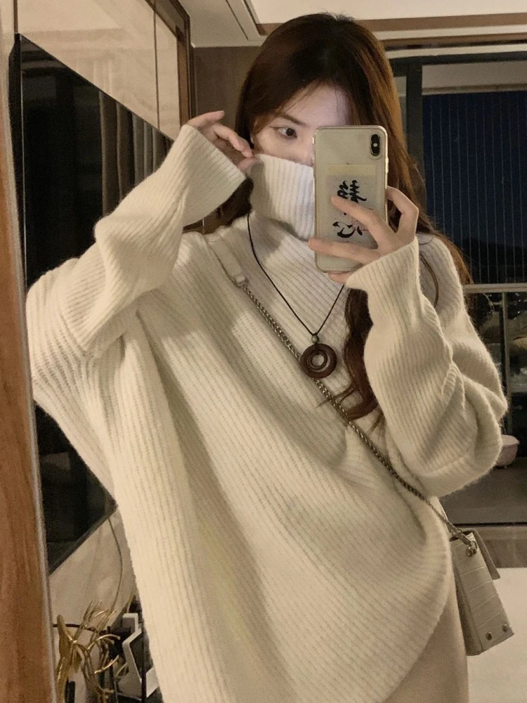 Irregular Turtleneck Sweaters Women Loose Chic Vintage Simple Pullovers Knitwear Temperament Trendy Tender  Autumn Warm Sweater