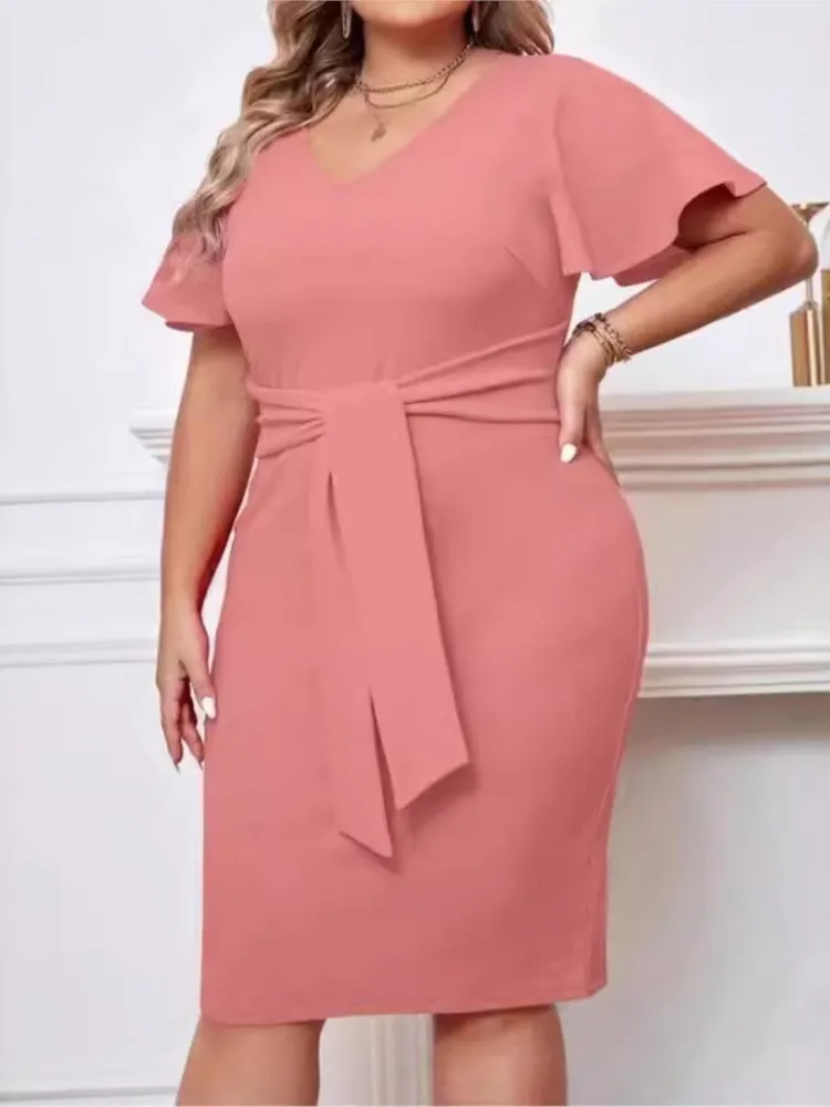 Plus Size Summer Midi Dress Women Pink Elegant Ruffle Pleated Short Sleeve Modis Ladies Dresses Slim Bodycon Woman V-Neck Dress