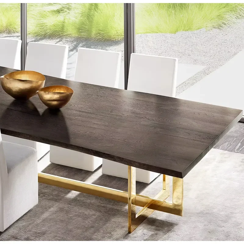 Rectangular Wooden Table with Metal Stand Solid Wood Dining Table Eating Tables for Home Use Customizable Furniture