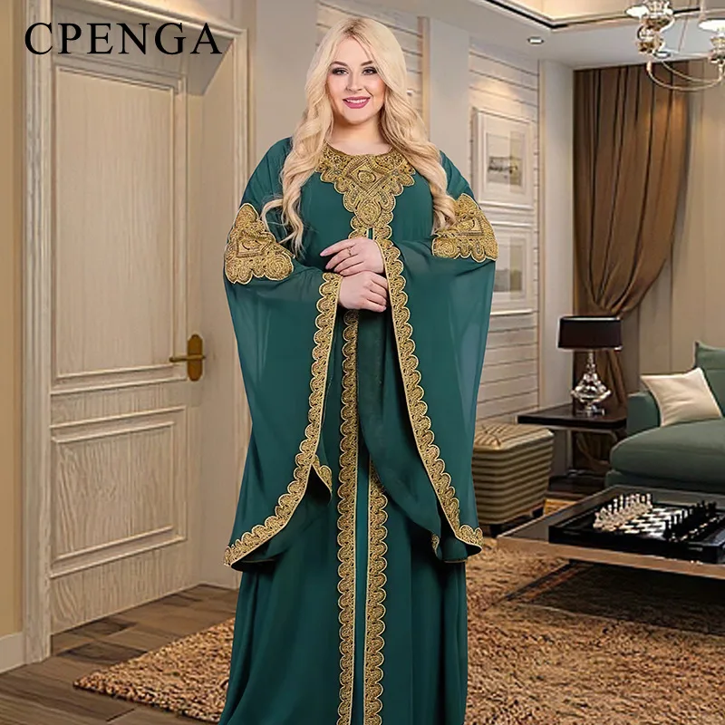 2023 New Jalabiya Muslim Women Embroidery Abaya Flare Sleeves Robe Gold Floral Dress Coat and Inner 2 Piece Sets Islam Clothing