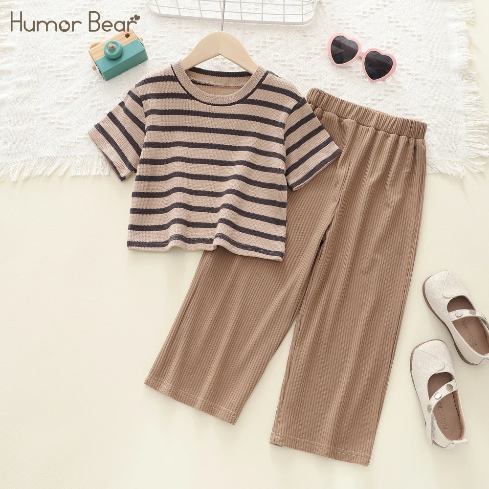 

Humor Bear Baby Girl Clothes Suit Loose Casual Crew Neck Striped Short Sleeve + Pants Suit 2 Piece Children's Clothing