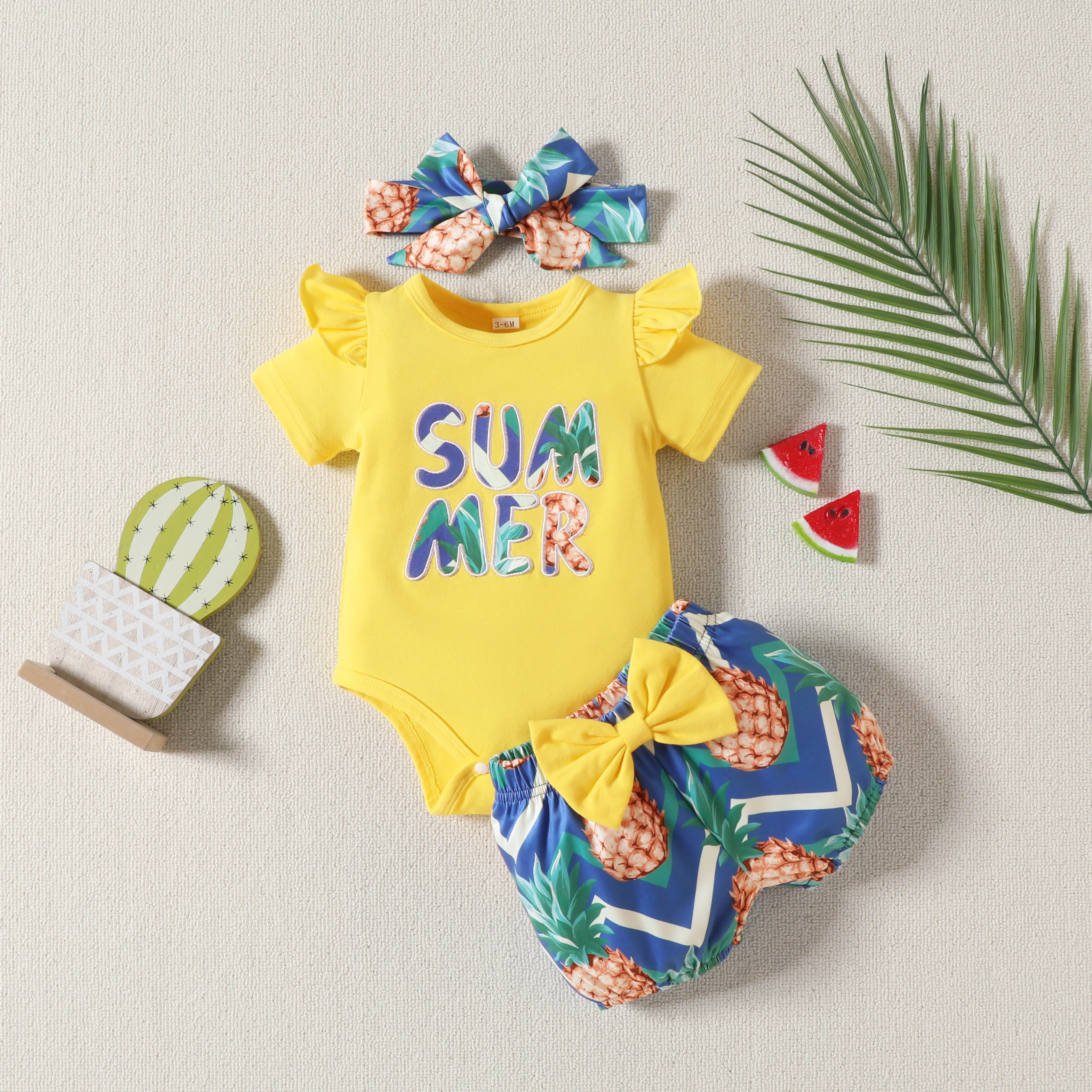 0-18M Girl Baby Summer Pineapple Print Bodysuit Top Short Sleeve Shorts Hair Band 3PCS Casual Beach Style Newborn Clothing Set