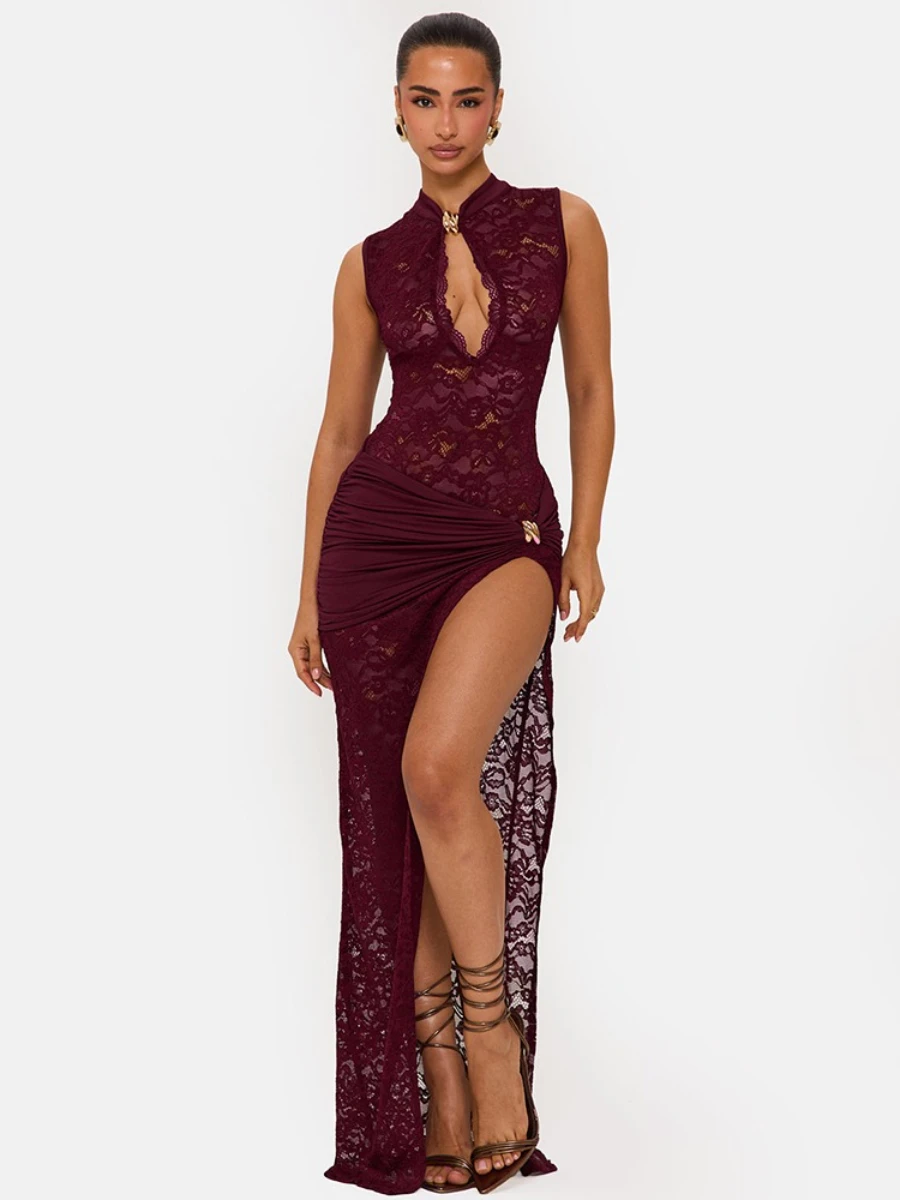 FDYOUI Woman Clothing Sleeveless Hollow Out Lace Long Maxi Dress Lady Sexy See-through High Slit Cocktail Party Dresses Red Gown