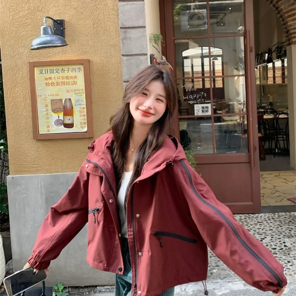 Ankola Red Hooded Tooling Jacket Women's Spring And Autumn 2026 New Small Popular Fashionable Fashion Trench Coat Black