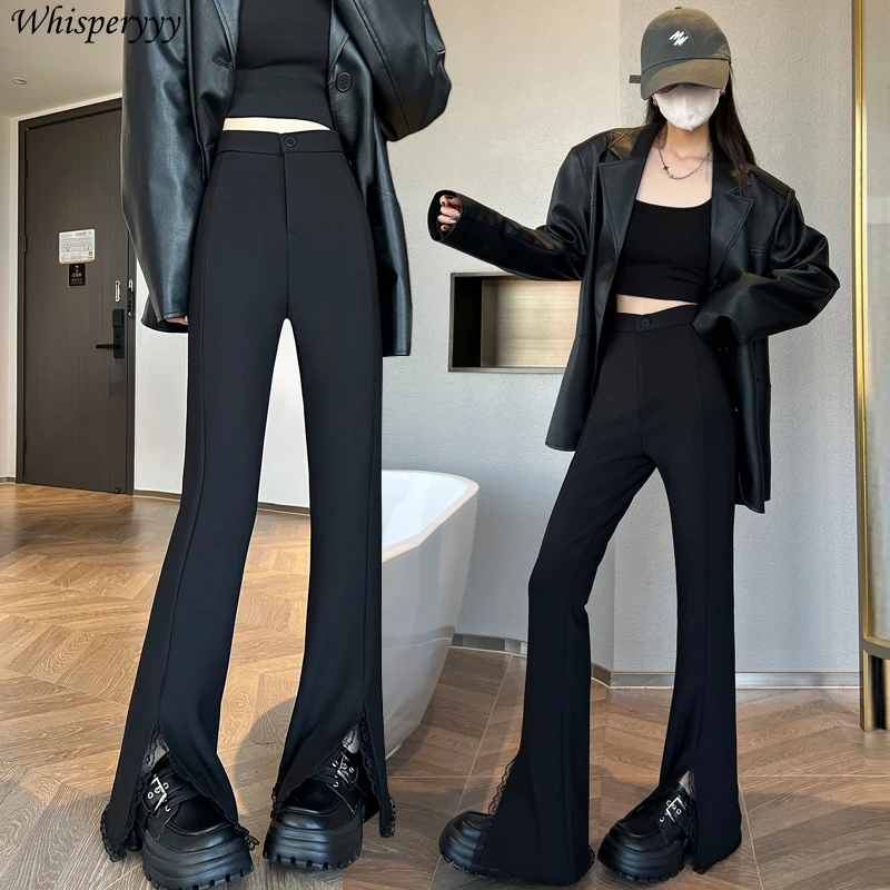 

Black Lace Split-ended Slightly Suit Pants Women Clothing Spring High-waisted Wide-leg Pants Female Straight Casual Flared Pants