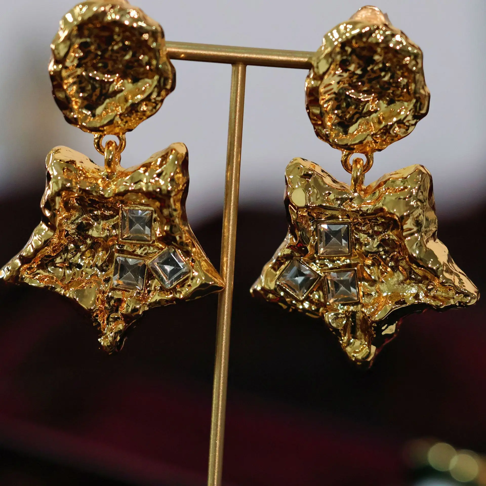 Vintage Hammered Star Drop Earrings Gold Plated Irregular Texture Square Cubic Zirconia Women Ear Jewelry