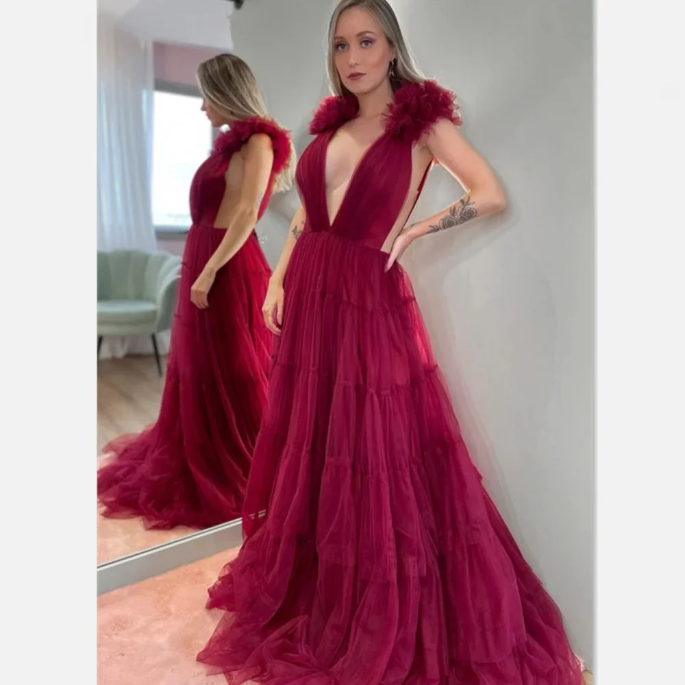 

Classy Long Burgundy Deep V Neck Chiffon Prom Dresses Sleeveless A Line Floor Length Vestidos De Gala Mujer Elegantes