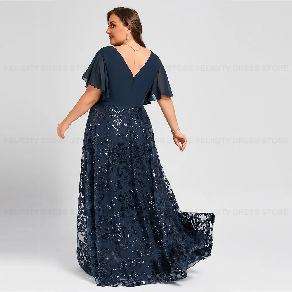 Plus Size Mother of the Bride Dress 2023 A-line V-neck Chiffon Sequin Pleated Elegant Wedding Guest Dresses فستان حفلات الزفاف