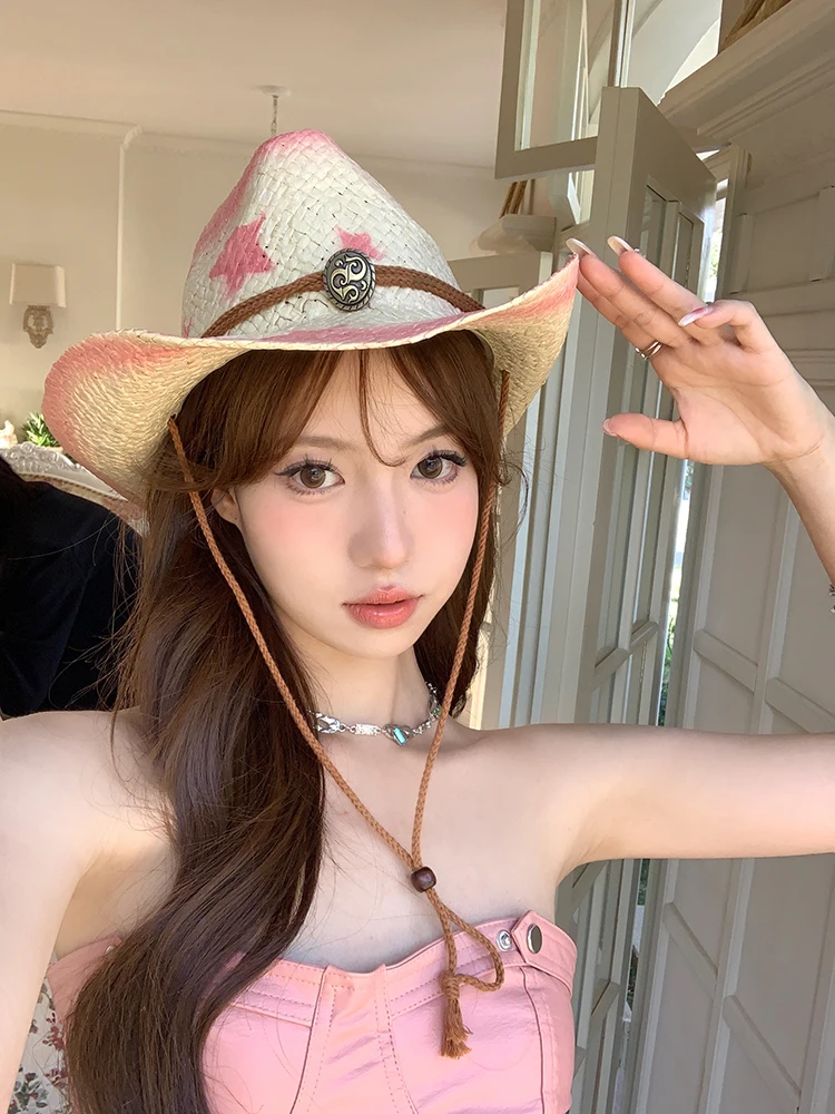 Summer Western Cowboy Hat Women's Sunscreen Hat Sweet Cool Wind Straw Hat Big Eaves Beach Beach Spice Girl Shade Sun Hat