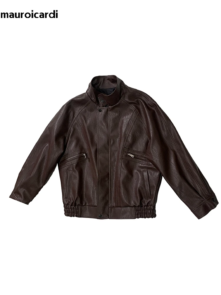 Nerazzurri Autumn Short Brown Pu Leather Jacket Women Stand Collar Zipper Loose Luxury Designer American Retro Clothes 2025