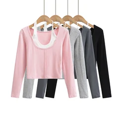 Long sleeve crop top korean fashion fall outfits women sexy tshirts for women fashion kawaii black t shirt woman halter top pink