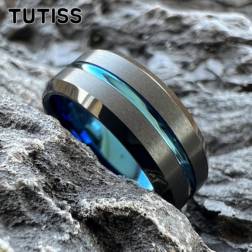 

TUTISS 8mm Black Blue Men Women Ring Tungsten Engagement Wedding Band With Center Groove High Quality Comfort Fit