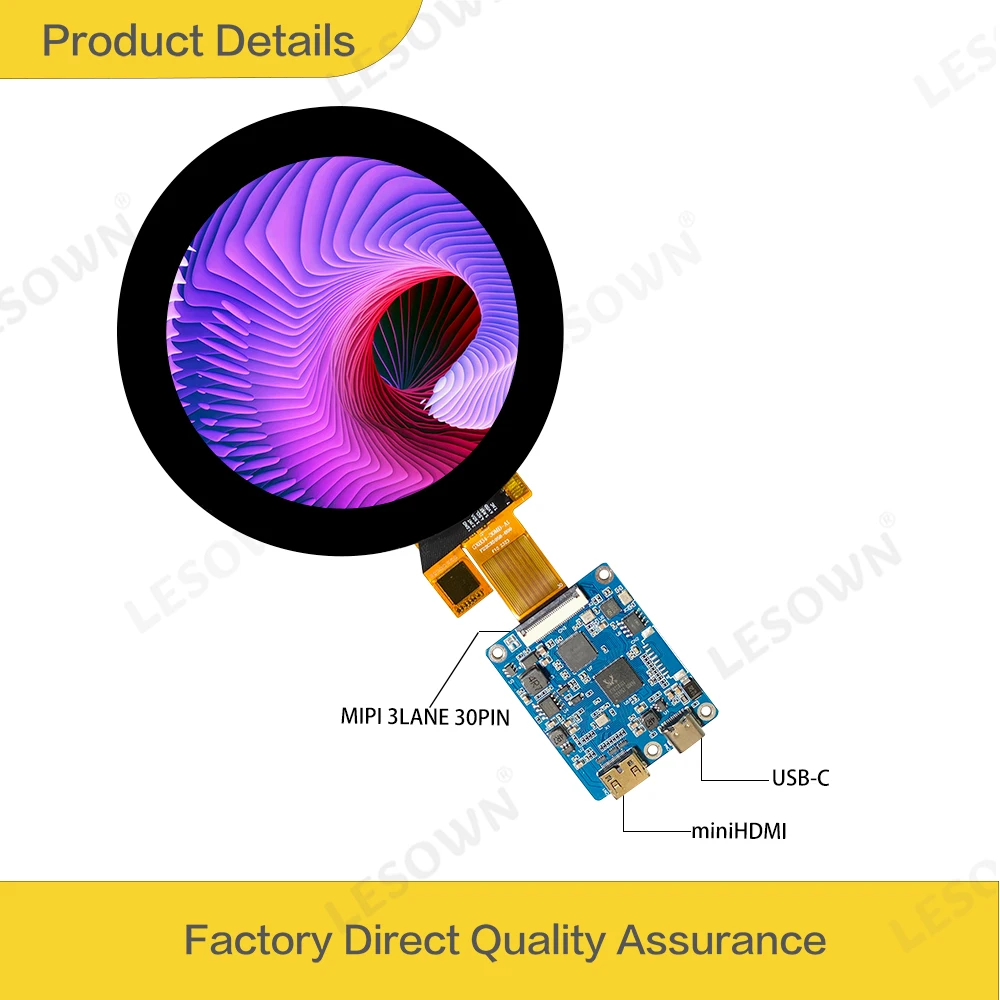 LESOWN 3.4 inch 800x800 LCD Round Screen Display USB-C HDMI-Compatible Circular Display MIPI 3LANE 30PIN with Driver Board