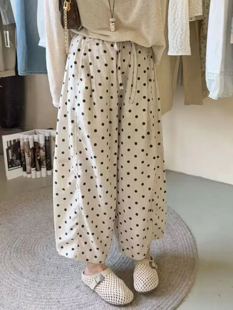 Korean Style Cotton Linen Polka Dot Wide Leg Pants Women's Loose Slimming Small Size Versatile Nine Point Casual Pants