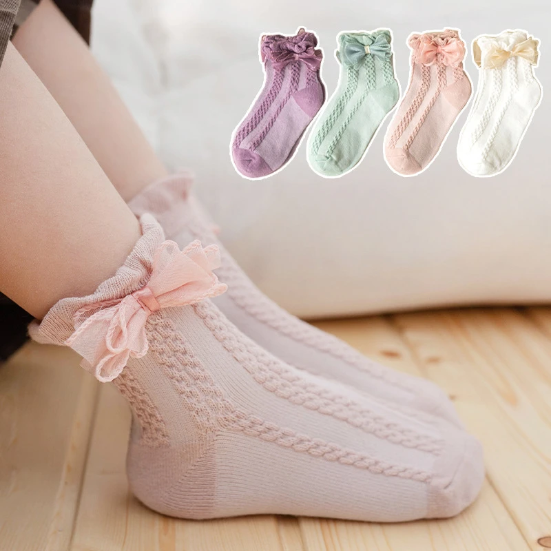 Spring and Autumn New Ins Series Children\'s Cartoon Cute Bow Dance Lace Girl Princess Comfortable Breathable Cotton Socks