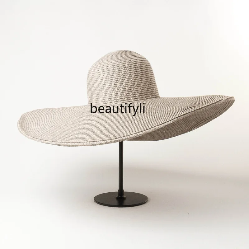 zqEuropean   American Spring and Summer Simplicity Light Dome Straw Hat Outdoor Sun-Shade Sun Protection Travel Beach Straw Hat