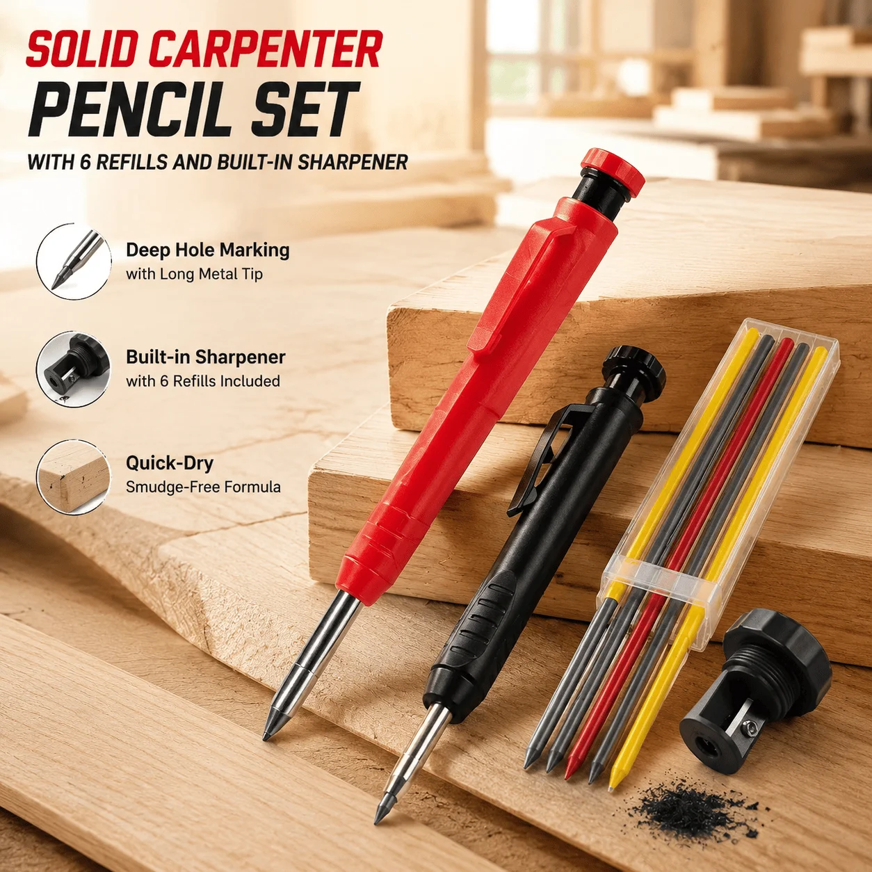 Professional Carpenter Pencil Deep Hole Marker Mechanical Marking Tool With Built-In Sharpener Woodworking Construction Scribe Architect Pencil Durable Metal Body Quick-Dry Graphite Refills Multi-Surface Use For Hard To Reach Areas Woodworkers Tools
