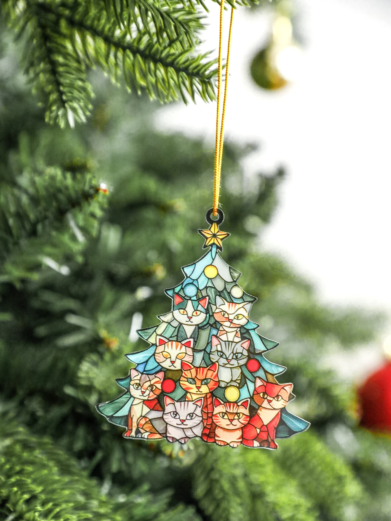 Christmas Acrylic Cat Tree Shaped Ornament Colorful Cats Pattern Hanging Decor Festive Xmas Tree Decor Pendant for Home & Party