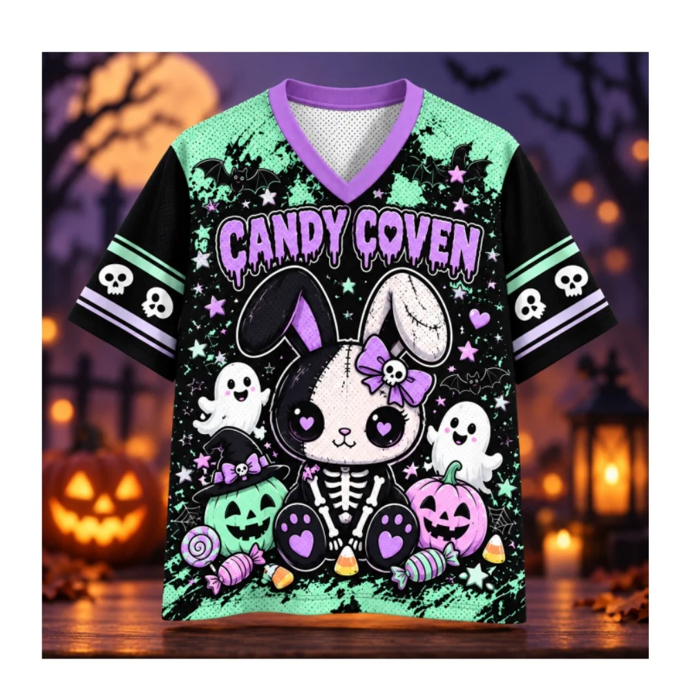 Pastellfarbenes Halloween 66 Oversized Mesh Jersey, süßes Streetwear-Oberteil mit V-Ausschnitt und kurzen Ärmeln, mit Geister-, Kürbis-, Hexen- und Fledermausdruck – Detail 4