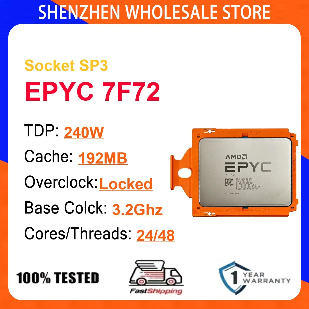 AMD EPYC 7F72 24-Core 48-Thread 7NM 3.2Hz/3.7GHz L3=192MB 240W CPU Gaming Proce Socket SP3 DDR4 NEW No Cooler No Fan