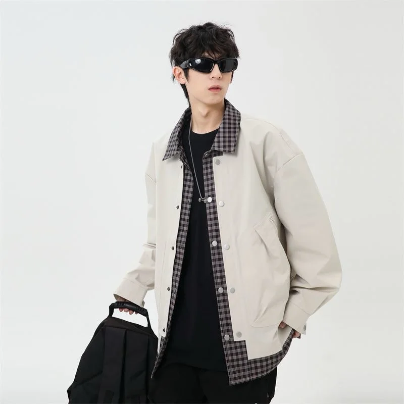 

Новинка 2024 года, клетчатая куртка, мужская весенне-осенняя уличная модная искусственная двухсекционная винтажная верхняя одежда в бейсбольном стиле, модное повседневное пальто