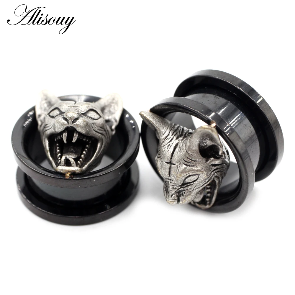 Alisouy 2PC Fashion Stainless Steel Cross Cat Head Ear Piercing Plugs Gauges Expanders Body Jewelry Ear Tunnels Stretchers