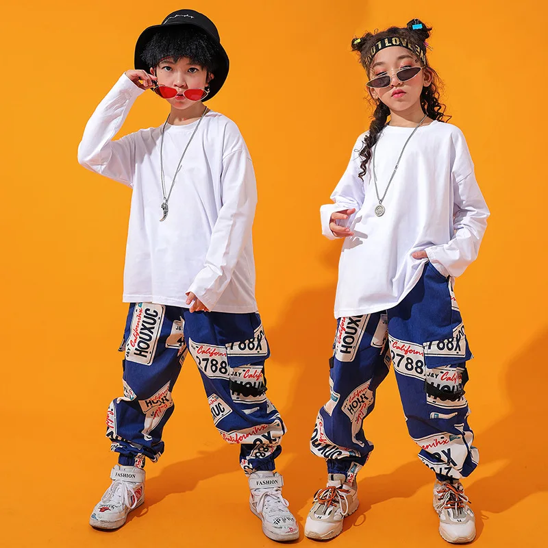 Kids Cool Fashion Ballroom Hip Hop Dancing Outfits Tshirt Cargo Dancing Pants Boys Girls Loose Jazz Dance Wear Costumes Clothes