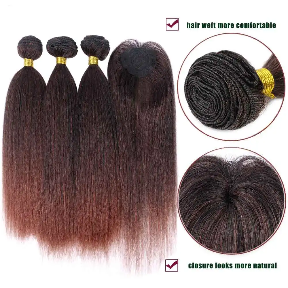 Extensiones de pelo ondulado Yaki baratas con cierre, fibra resistente al calor, extensiones de cabello sintético negro degradado y marrón para mujer